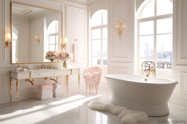 Une salle de bain avec une baignoire blanche et un tapis or et blanc.