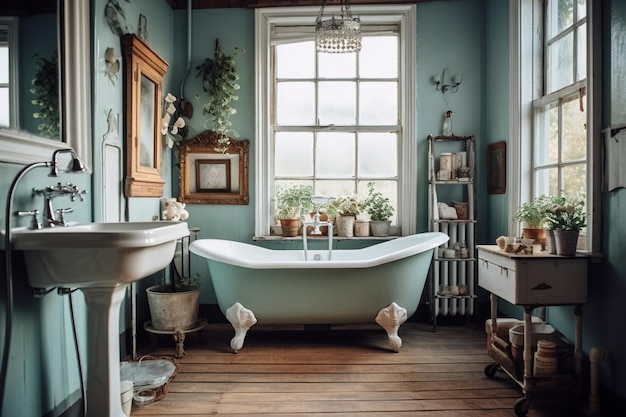 Une salle de bain avec une baignoire bleue et une fenêtre avec des plantes dessus.