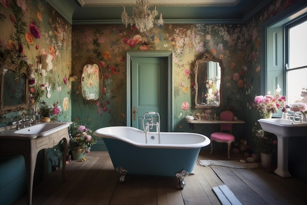 Une salle de bain avec une baignoire bleue et un papier peint fleuri rose.