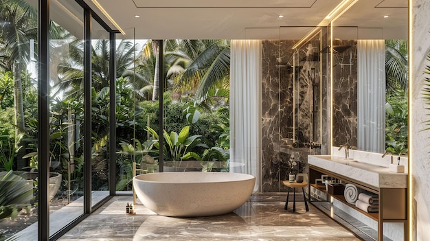 une salle de bain avec une baignoire et une douche avec vue sur l'océan