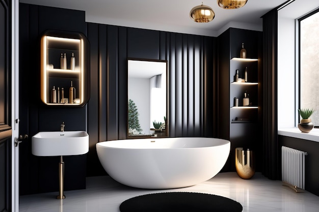 une salle de bain avec une baignoire et une étagère avec des bouteilles de parfum dessus