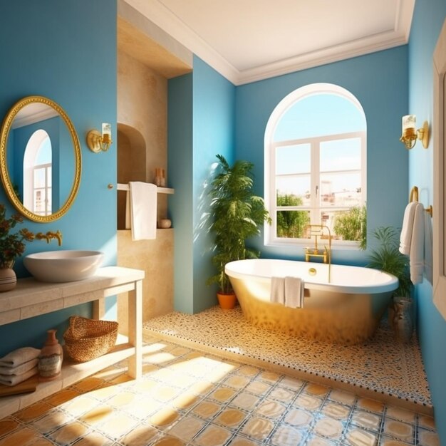 une salle de bain avec une baignoire et une fenêtre avec vue sur l'extérieur.