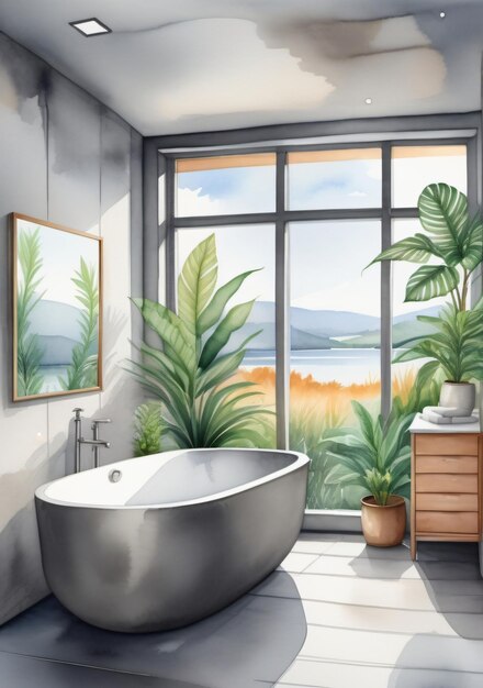 Une salle de bain avec une baignoire et une grande fenêtre