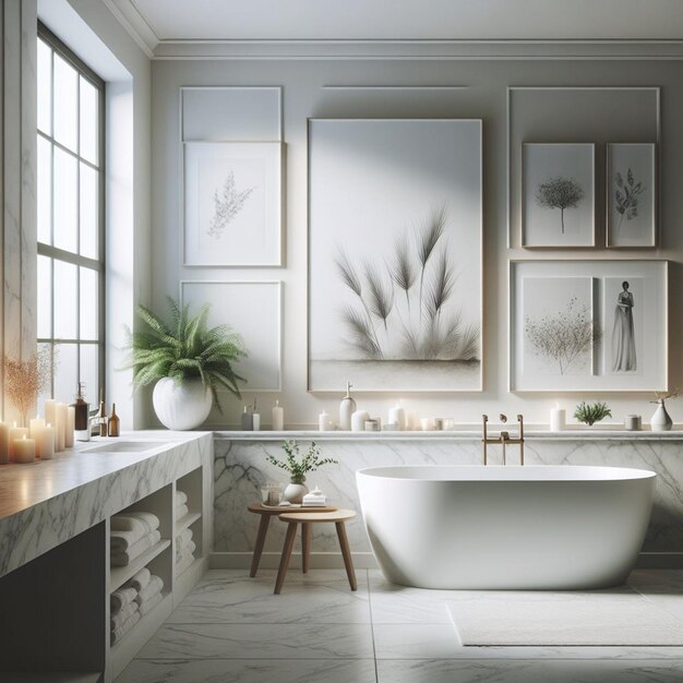 une salle de bain avec une baignoire et une image d'une plante et d'une cheminée