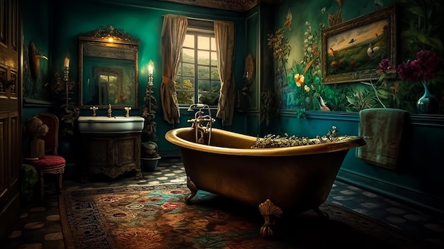 Une salle de bain avec une baignoire et une peinture d'un oiseau sur le mur