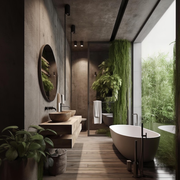 une salle de bain avec une baignoire et une plante dans le coin