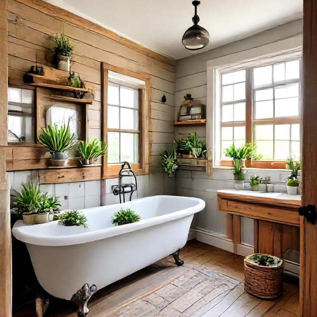 Photo une salle de bain avec une baignoire et des plantes sur le mur