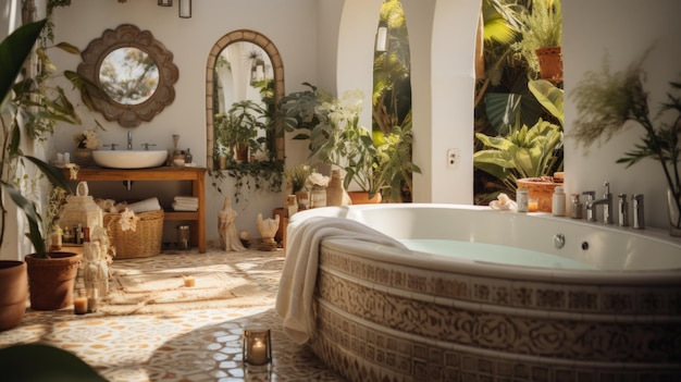 Salle de bain avec baignoire et plantes