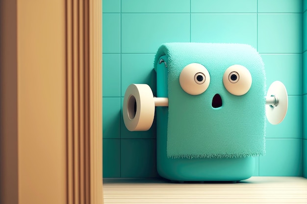 Salle de bain beige turquoise avec personnage de dessin animé mignon de papier toilette