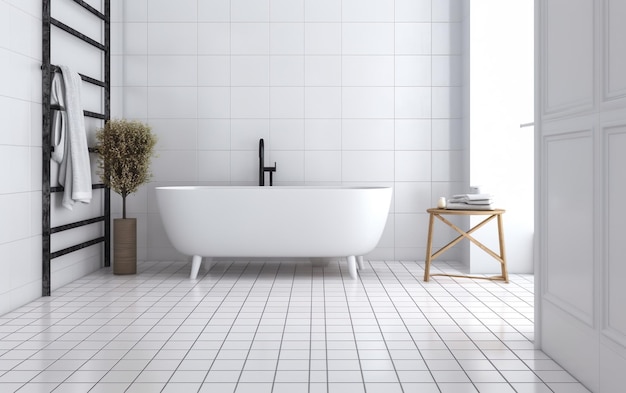 Une salle de bain blanche avec une baignoire blanche et une plante sur le côté.