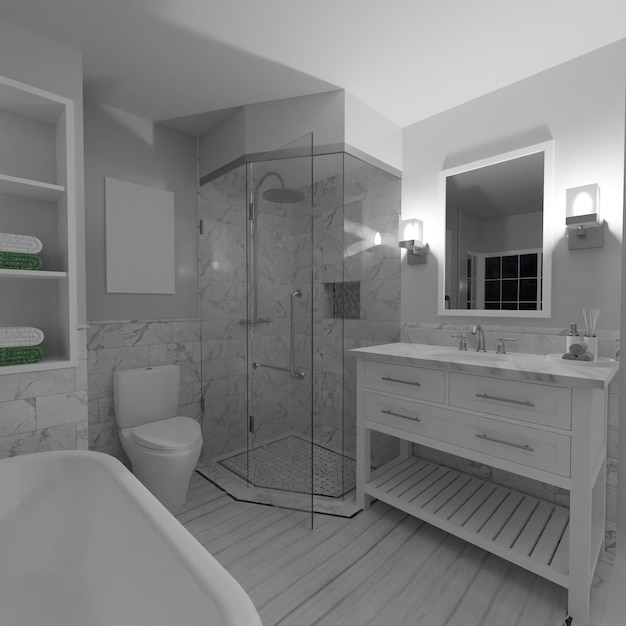 Salle de bain blanche avec illustration 3d de fenêtre