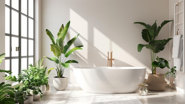 Une salle de bain blanche lumineuse avec des plantes vertes différentes et une fenêtre ensoleillée