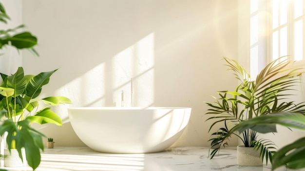 Une salle de bain blanche lumineuse avec des plantes vertes différentes et une fenêtre ensoleillée