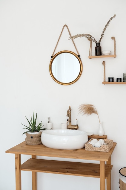 Salle de bain blanche moderne avec lavabo et plante d'intérieur de style scandinave