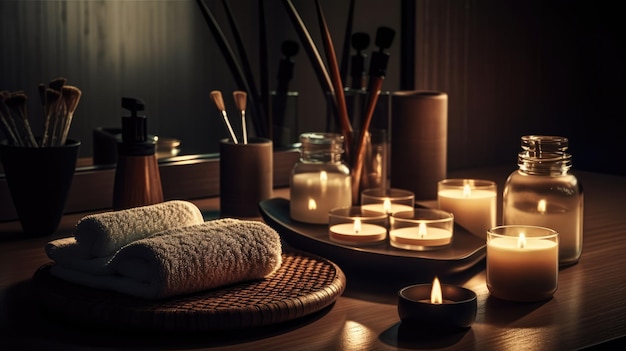 Une salle de bain avec des bougies et un miroir éclairé.