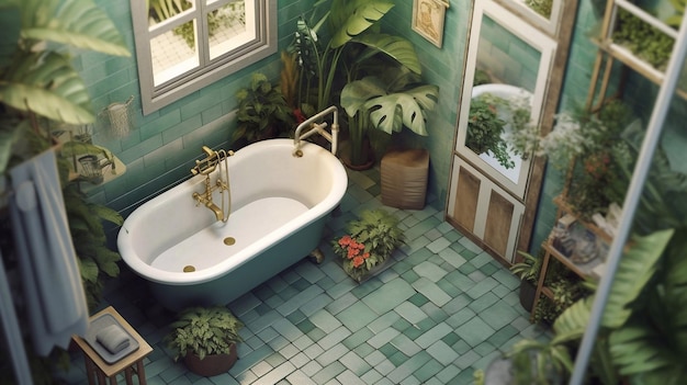 Une salle de bain avec des carreaux verts et une baignoire bleue avec un robinet doré