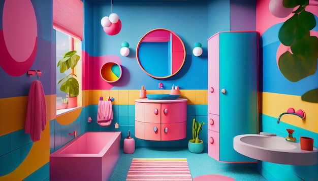 Une salle de bain colorée avec un lavabo, un miroir, une plante et une plante.