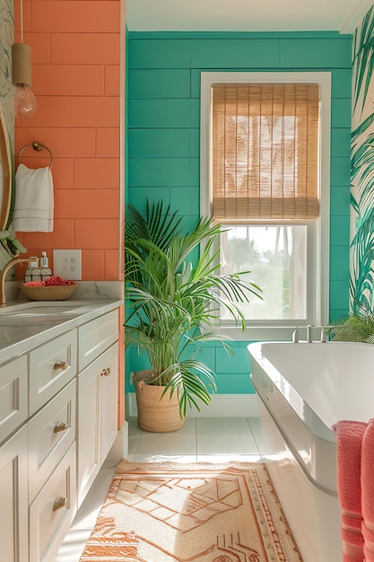 Une salle de bain confortable inspirée des Caraïbes avec des feuilles tropicales en bambou Acc Layout intérieur Décor créatif