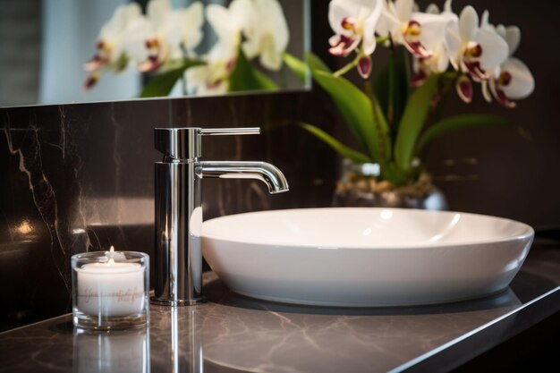 Salle de bain dans une maison de luxe moderne Comptoir de salle de bain avec lavabo et belles fleurs Illustration générée par l'IA