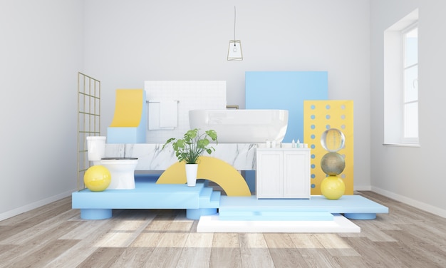 Salle de bain déconstruite abstraite minimale en rendu 3d bleu et jaune