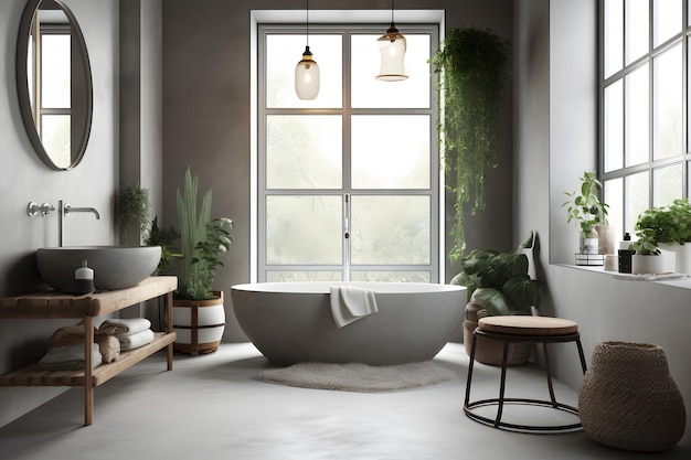 Salle de bain design d'intérieur moderne en finition grise et bois Réseau de neurones généré par l'IA