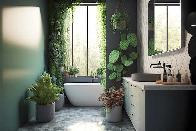 Salle de bain écologique alternative avec des carreaux verts gris et des plantes autour