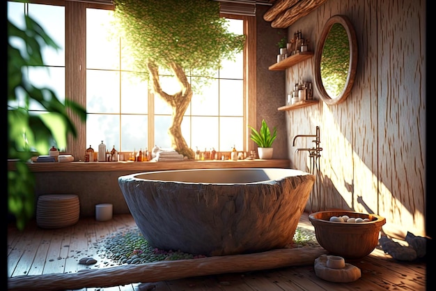 Salle de bain écologique avec matériaux naturels et baignoire en bois