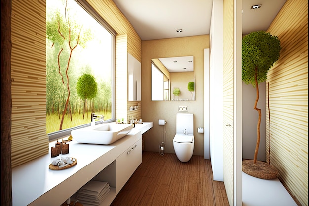 Salle de bain écologique naturelle avec lavabo blanc et sol en bambou