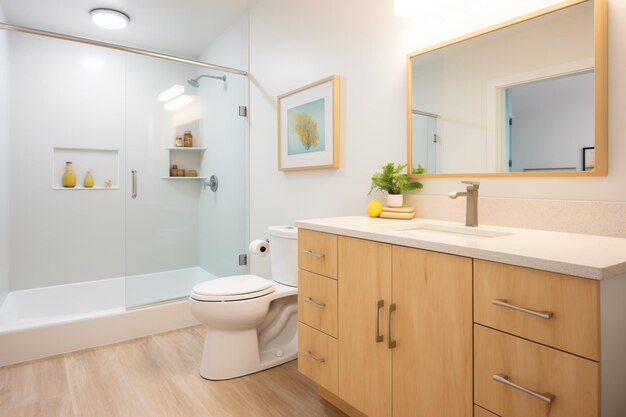 Photo une salle de bain élégante avec des appareils à faible débit et un sol en liège