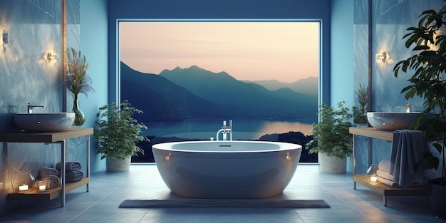 Une salle de bain élégante dans des tons bleus avec une vue imprenable sur les montagnes.