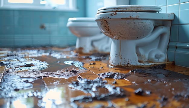 Photo une salle de bain encombrée avec deux toilettes