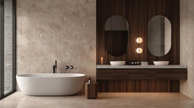 La salle de bain exude le luxe avec une baignoire profonde contre un mur de panneaux de bois sombre texturé