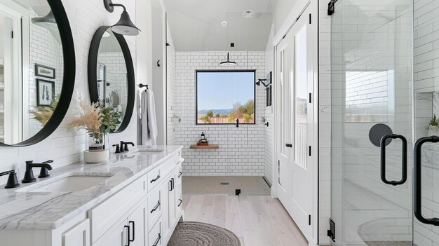 Une salle de bain de ferme moderne avec un placard en bois naturel