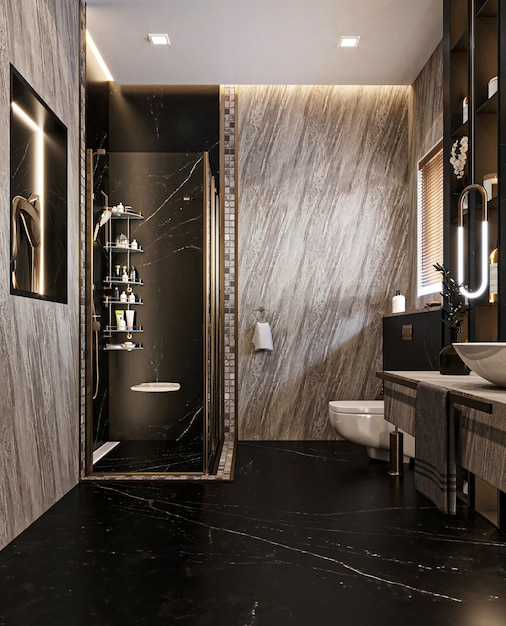 Une salle de bain avec un grand miroir et une douche avec un sol en marbre noir.