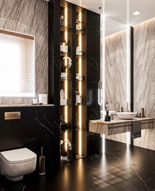 Photo une salle de bain avec un grand miroir et un grand lavabo.