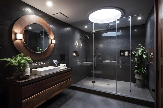 Une salle de bain avec un grand miroir et un grand miroir.