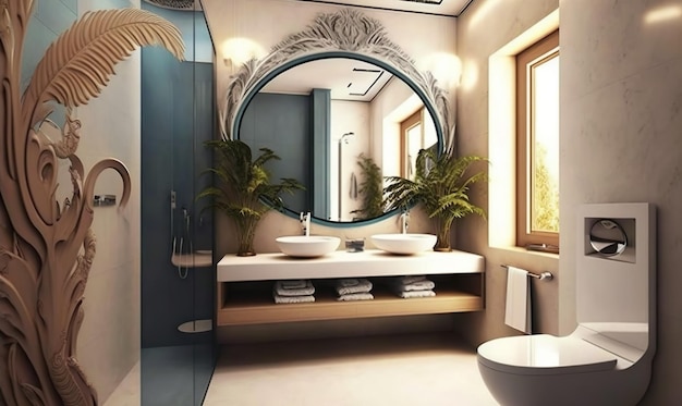 Une salle de bain avec un grand miroir et un lavabo avec une plante dessus