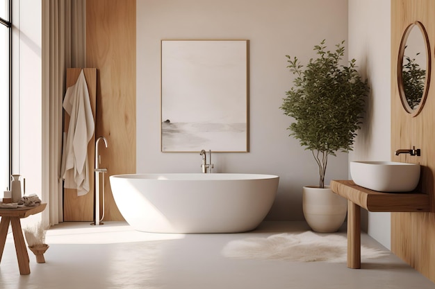 Une Salle De Bain Avec Un Grand Tableau Au Mur Au-dessus De La Baignoire.