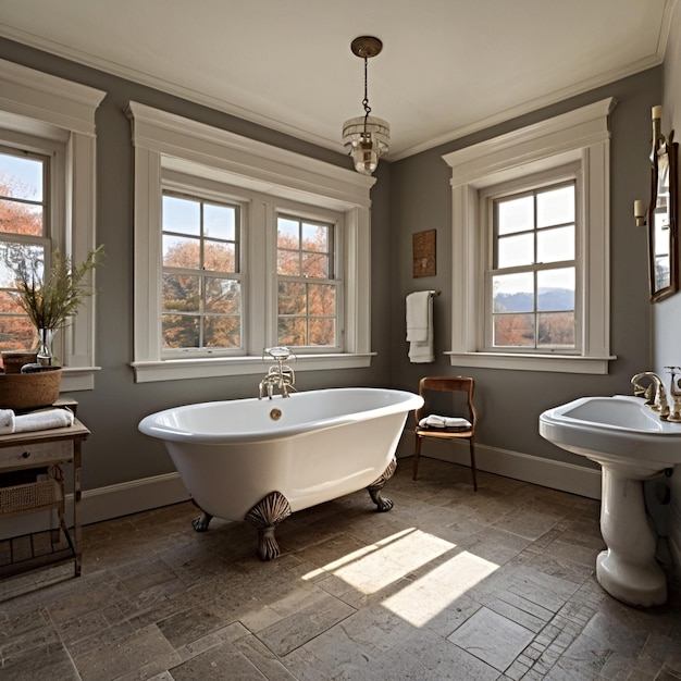 Salle de bain avec de grandes fenêtres