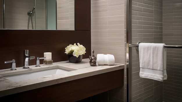 Une salle de bain d'hôtel avec des murs carrelés blancs