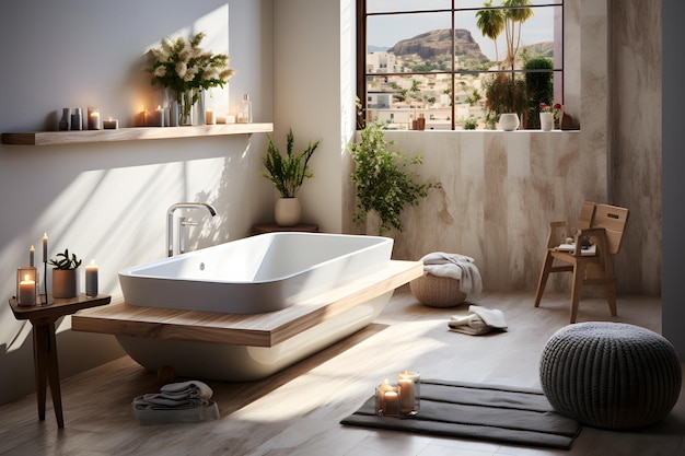 salle de bain impressionnante avec une baignoire élégante et un lavabo élégant murs en marbre ai générés