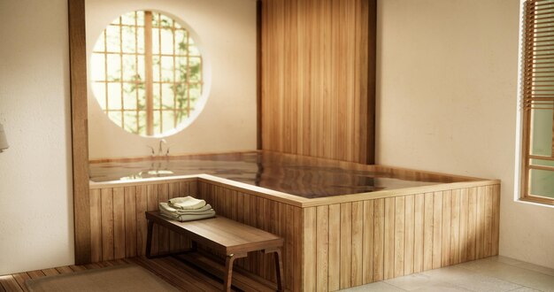 Photo la salle de bain japonaise en bois est de style onsen moderne et minimal.