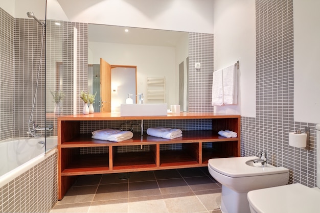 Salle de bain avec lavabo et bidet et serviettes.