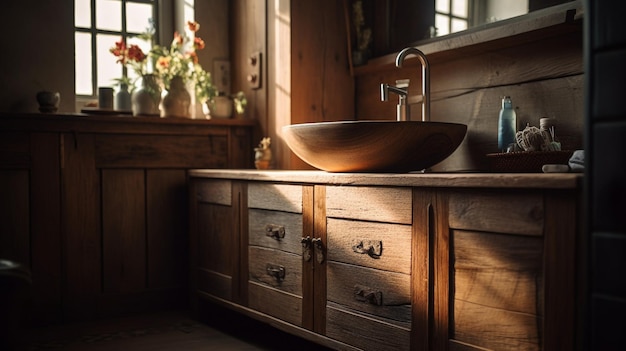 Une salle de bain avec un lavabo en bois et un meuble en bois avec une porte en bois.