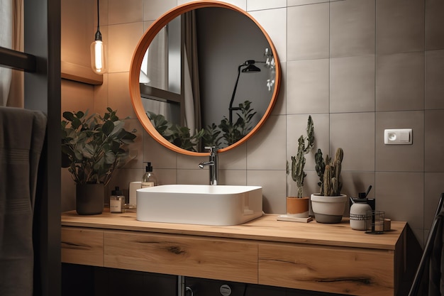 Une salle de bain avec un lavabo et un miroir avec une plante dessus.