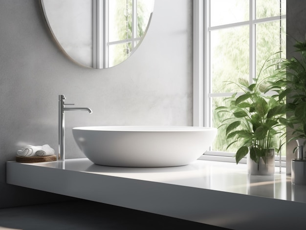 Une salle de bain avec un lavabo et une plante sur le rebord de la fenêtre.