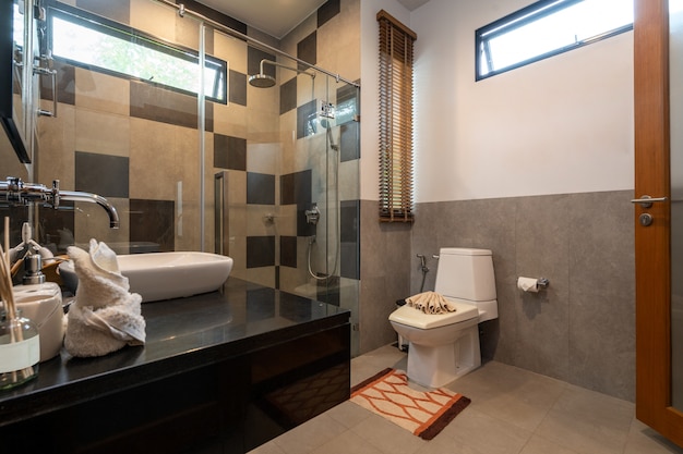 Salle de bain avec lavabo, WC et douche