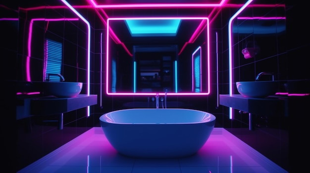 Une salle de bain avec une lumière bleue et rose qui s'allume.