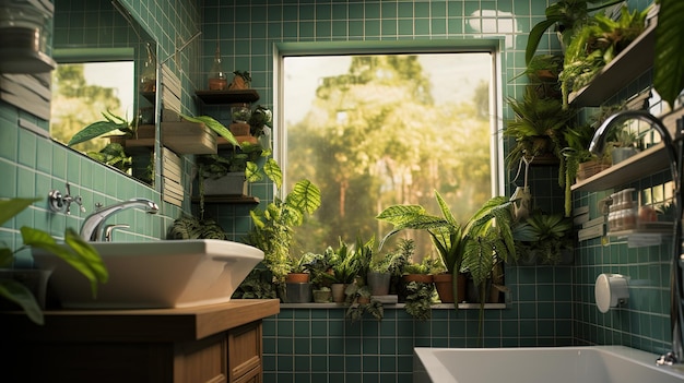 Une salle de bain lumineuse avec des carreaux de métro et une variété de plantes vert foncé de style forêt profonde