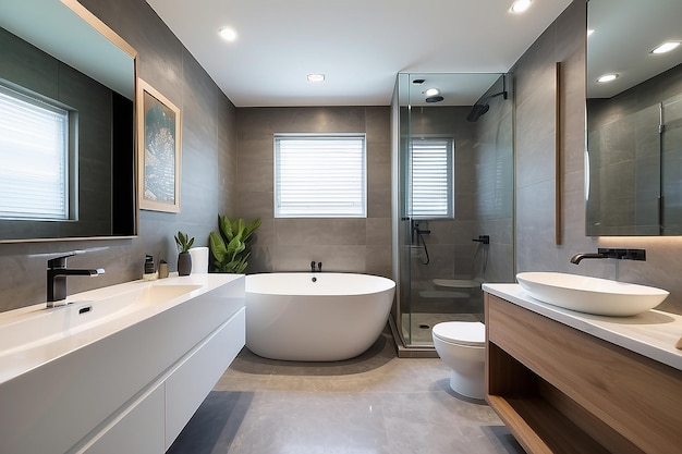 La salle de bain de luxe dispose d'un lavabo, d'une toilette et d'une baignoire dans la maison ou le bâtiment.